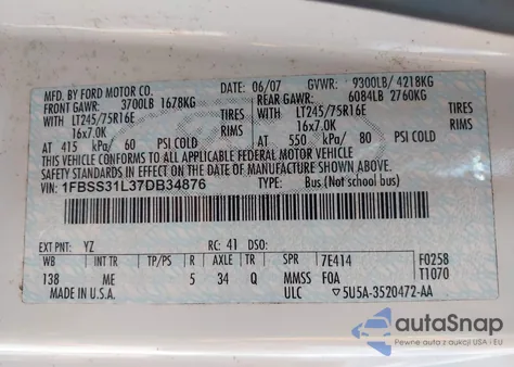 2007 Ford E-350 Super Duty Xl/Xlt z USA, uszkodzony, nr VIN 1FBSS31L37DB34876